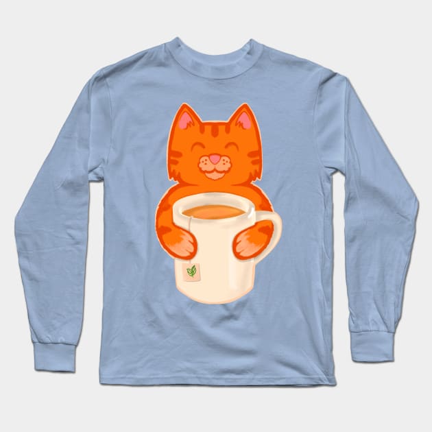 Cat Sipping Tea Long Sleeve T-Shirt by SusanaDesigns